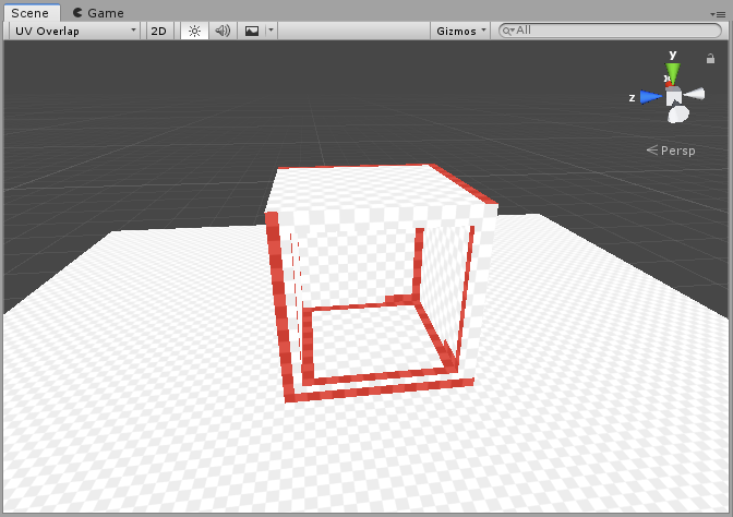 UV Overlap 描画モードを使用した Scene ビュー。Scene ビューの左上のあるドロップダウンを使用