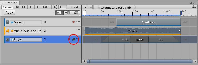 Selected and muted track with Mute icon (red circle)