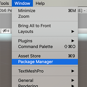 Window メニューから Package Manager ウィンドウへアクセス