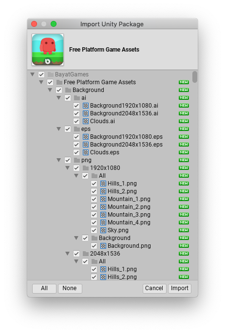 Import Unity Package ダイアログボックスの新規インストール項目