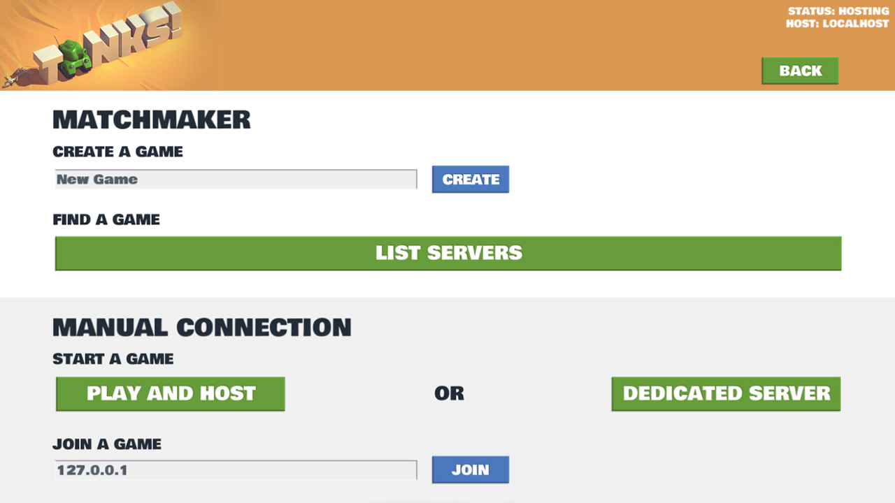 典型的なマルチプレイヤーゲームのロビー。TANKS のネットワークデモで表示されているように、これによりプレイヤーがゲームを見つけ、作成し、参加できます。このゲームは、Asset Store で入手できます。