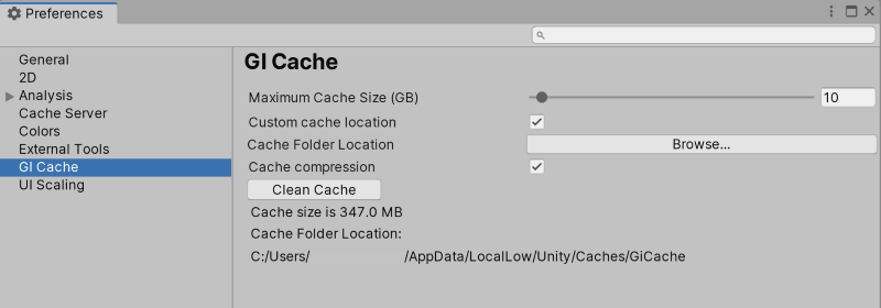 Preferences ウィンドウの GI Cache カテゴリ