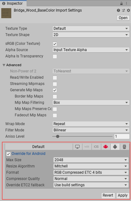 Android 2D Texture Override settings in the Textures Inspector window. Click the Android logo to access Android-specific overrides.