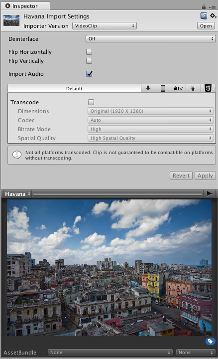 Inspector ウィンドウに表示されたビデオクリップアセット Havana。ビデオクリップインポーターオプションを表示