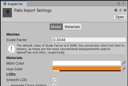 SpeedTree の Import Settings ウィンドウ