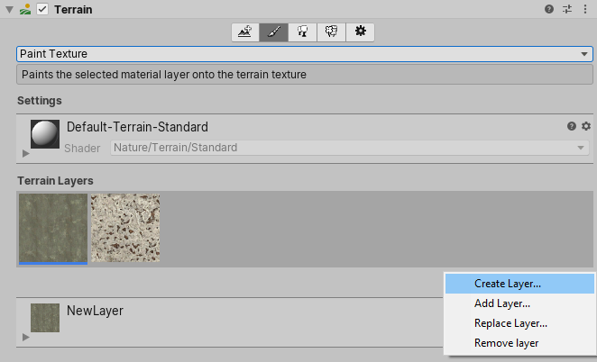 Terrain インスペクターでレイヤーを作成