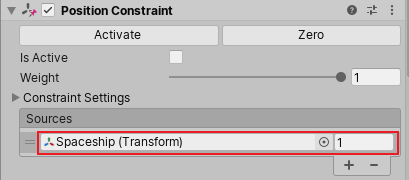 十字線の Position Constraint。十字線はプレイヤーの Spaceship に追従します (赤枠)。