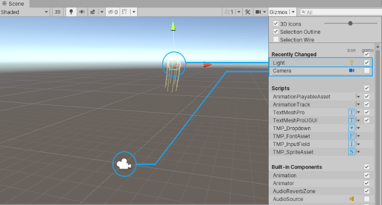 Light のアイコンが薄くなっているのは、シーンビューでライトのアイコンが表示されていないことを示しています。Camera のアイコンはフルカラーなので、シーンビューでカメラのアイコンが表示されていることを示しています。