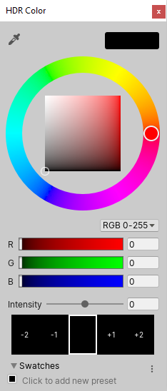 HDR カラーピッカー（スタンダードシェーダーの Emission Color プロパティをクリックしたり、スクリプトで Color の ColorUsageAttribute を使用した場合に表示されます)