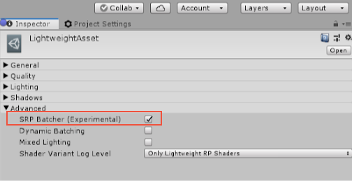 URP または HDRP のアセットでそれぞれ SRP Batcher を無効にすることができます。SRP Batcher はデフォルトで有効になっています。