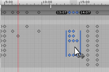複数選択したキーをドラッグ。選択された複数キーの開始時間と終了時間が一番上にあるタイムラインバーの下に表示されています。