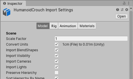 モデルの Import Settings ウィンドウ - Unity マニュアル