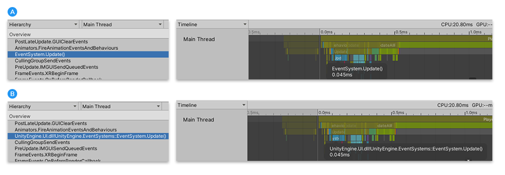 A: Hierarchy ビューと Timeline ビューのスクリプトメソッド。Show Full Scripting Method Names は無効。<br/> B: Hierarchy ビューと Timeline ビューのスクリプトメソッド。Show Full Scripting Method Names は有効。