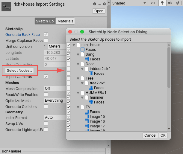 SketchUp Node Selection Dialog ウィンドウ