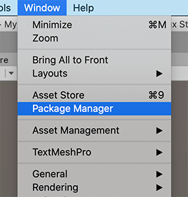Window メニューから Package Manager ウィンドウへアクセス