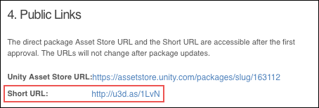 Public Links セクションには、アセットページの長い URL と短い URL の両方が表示されます