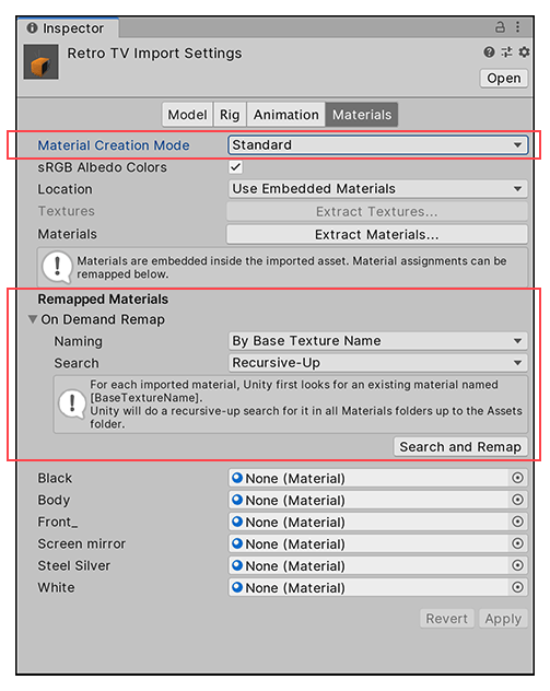 Import Settings ウィンドウの Material タブの Standard Material Creation Mode
