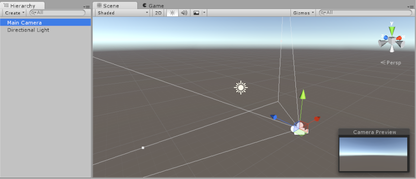 デフォルトの 3D オブジェクトの、Main Camera と Directional Light を持つ新規の空のシーン