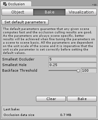 Occlusion culling インスペクターの Bake タブ