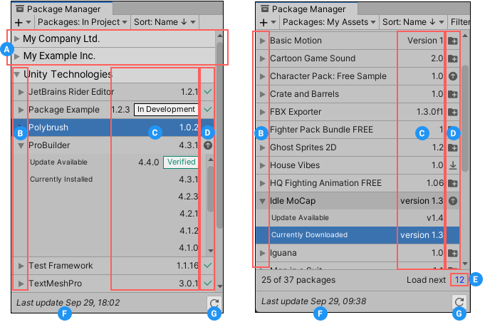 左の画像にはプロジェクトにインストールされているすべてのパッケージが、右の画像には Asset Store のすべてのパッケージが表示されています。