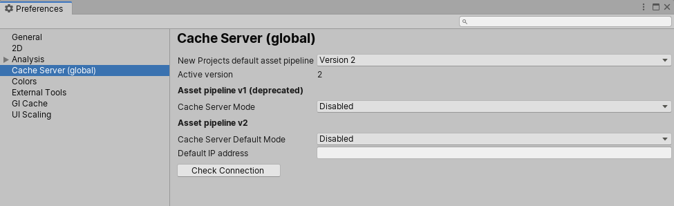 Preferences ウィンドウの Default Cache Server カテゴリ