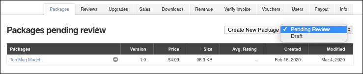 パッケージステータスドロップダウンメニューは Create New Package ボタンの右側にあります。