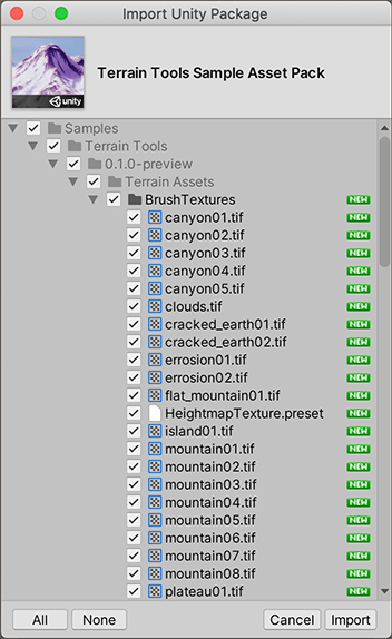 Import Unity Package ダイアログボックスの新規インストール項目