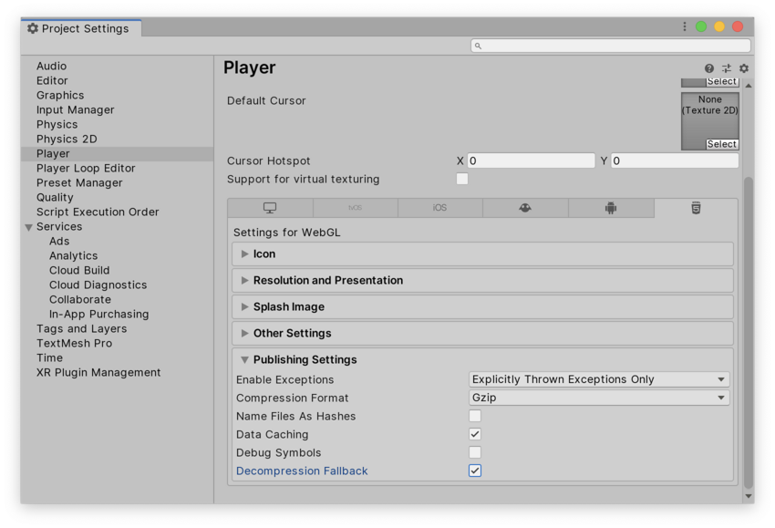 WebGL Publishing ウィンドウの図