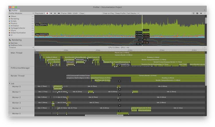 フローイベントを有効にした Timeline CPU Profiler ビュー。いくつかの Profiler サンプルにある白いイベントマーカーに注目してください。