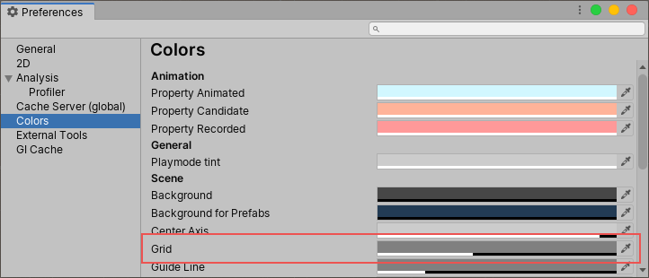 Preferences ページのグリッド設定プロパティ