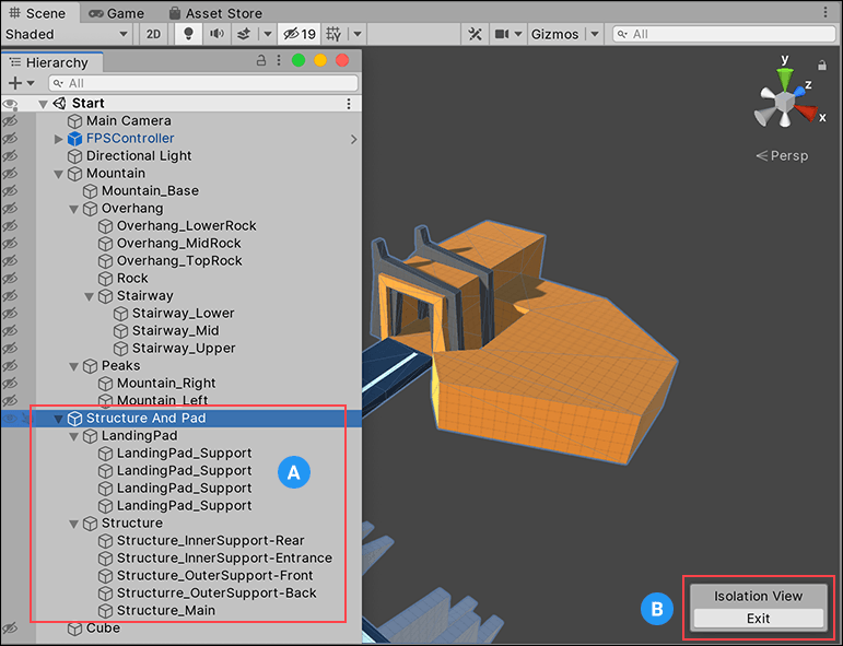 Isolation ビューはシーンの表示設定をオーバーライドするため、選択したものとその子 (A) のみが表示されます。<br/>Exit ボタン (B) をクリックすると、前のシーンの表示設定に戻ります。