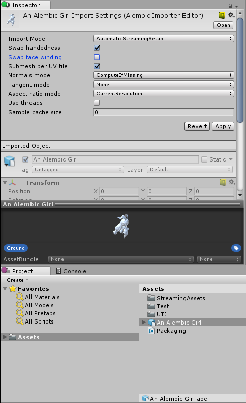 Scripted Importer によってインポートされたアセット (An Alembic Girl) の Inspector ウィンドウ