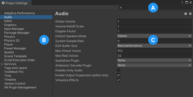 Unity Project Settings ウィンドウ