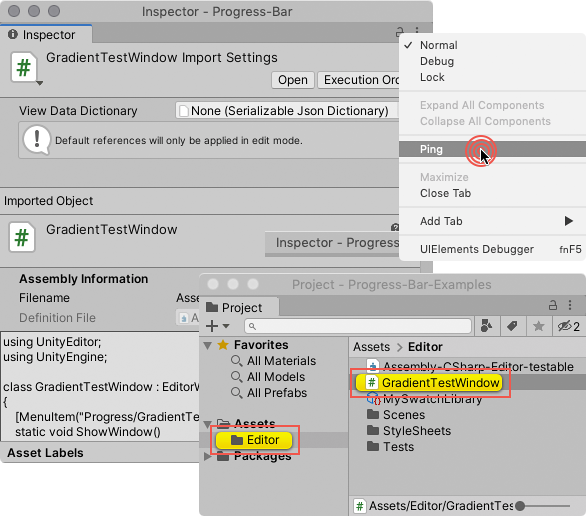 Ping コマンドは、Inspector に現在表示されているアイテムを強調表示します。