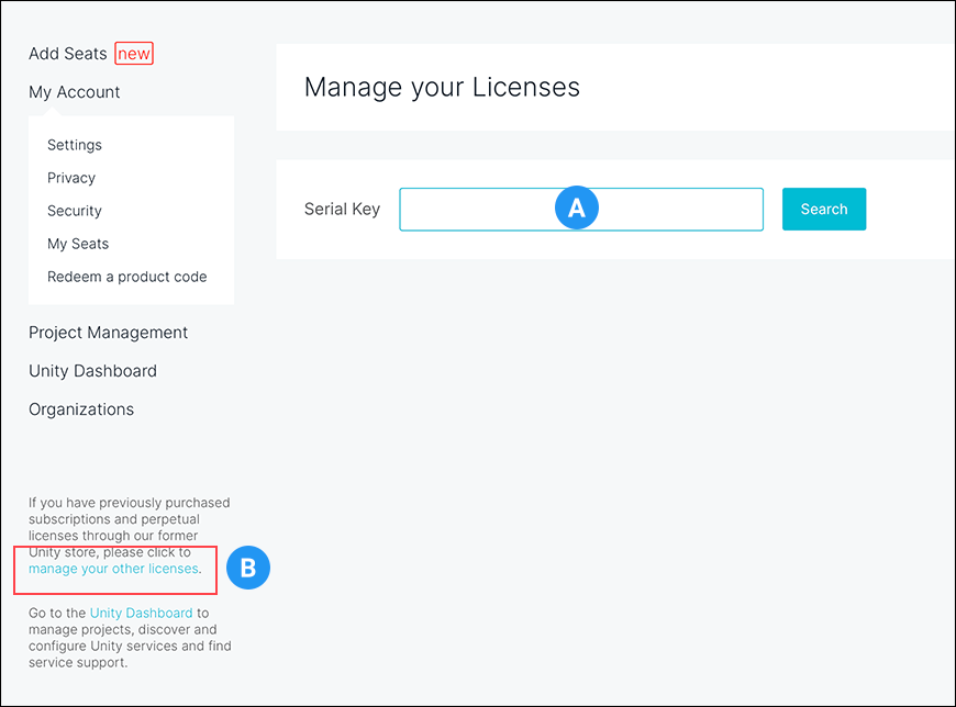 Unity ID アカウントの Manage your Licenses ページ