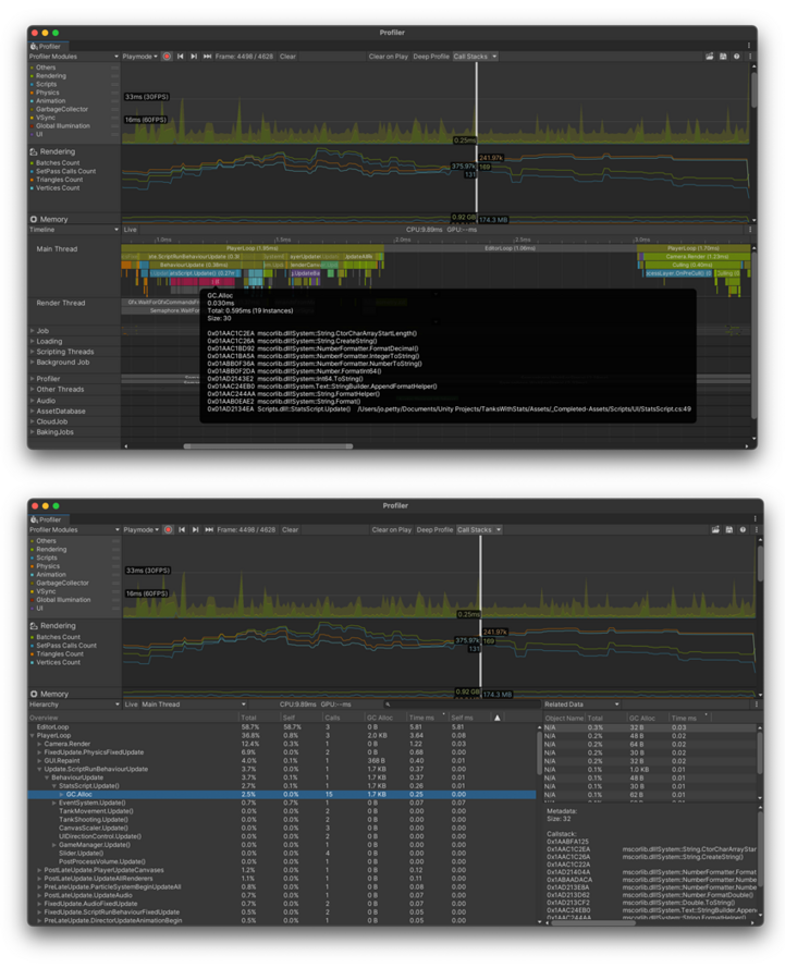 Timeline ビュー(上) と Hierarchy ビュー (下) のコールスタック