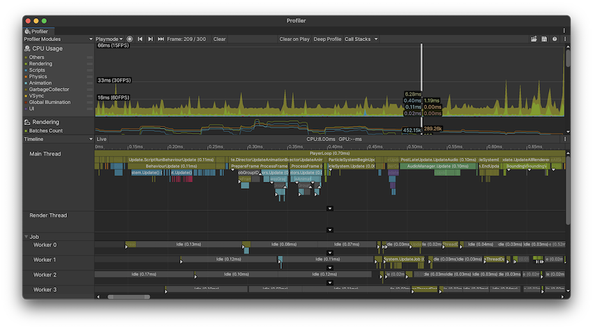 フローイベントを有効にした Timeline CPU Profiler ビュー。いくつかの Profiler サンプルにある白いイベントマーカーに注目してください。