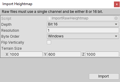 Import Heightmap ウィンドウ