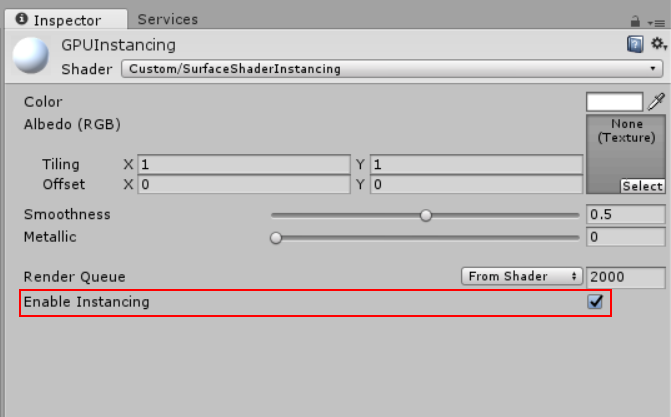 シェーダーの Inspector ウインドウに表示された Enable Instancing チェックボックス