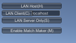 ゲームビューに表示される LAN モード (デフォルトモード) の Network Manager HUD