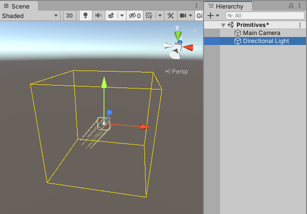 ライトゲームオブジェクト。スクリプトを 1 つ追加で適用し、立方体のギズモを描画
