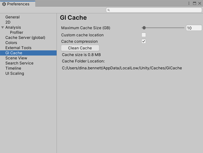 Preferences ウィンドウの GI Cache カテゴリ