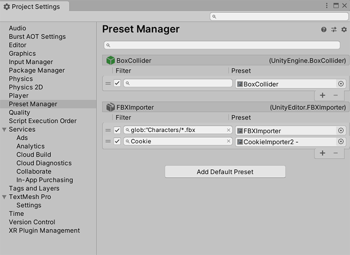 Preset Manager ウィンドウ