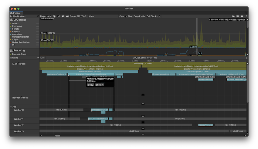 Flow Events を有効にしてサンプルを選択した Timeline CPU Profiler ビュー