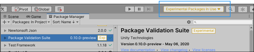 Experimental Packages In Use (体験的パッケージを使用中) の警告がツールバーに表示されます