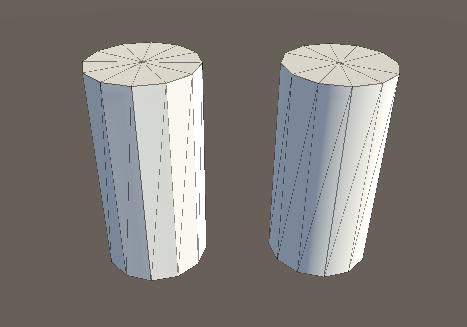 それぞれ 12 面を持つ 2 体の円柱。左側は平たんなシェーディング、右は滑らかなシェーディングを使用しています。