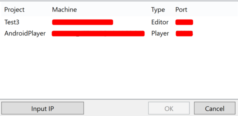 デバッグに利用できる Unity の現在のインスタンスを表示する Visual Studio。この例では、エディターで動作するインスタンスが 1 つ、Android Plyaer として動作しているインスタンスが 1 つあります。