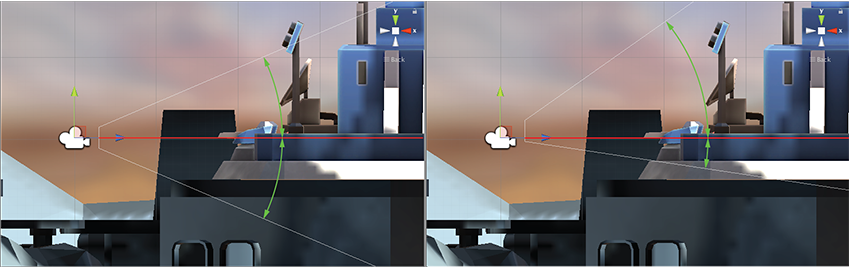 上図は、Y 軸のレンズシフトを行う前 (左) と行った後 (右) のカメラ錐台を示しています。レンズを上に移動すると錐台が斜めになります。