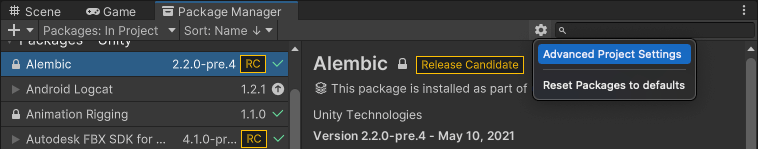 Advanced Project Settings は、Package Manager プロジェクト設定ウィンドウを開きます