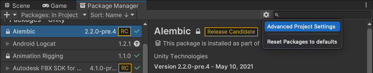 Advanced Project Settings を選択すると、Package Manager プロジェクト設定ウィンドウが開きます
